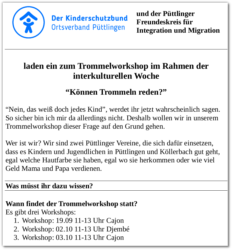die Einladung zum Trommelworkshop lesen (PDF) die Einladung zum Trommelworkshop lesen (PDF)